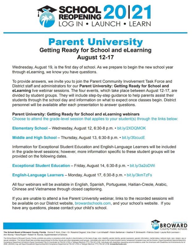 @reimagine_bcps spread the word... @browardschools is hosting a PARENT UNIVERSITY for important information on academics and resources. Start the new year on the right foot!