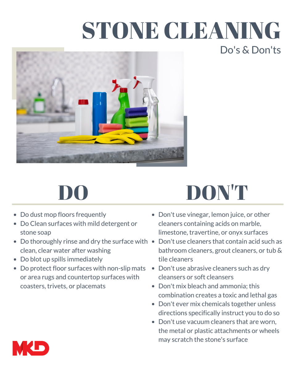 mkdkitchenbath's tweet image. FAQ Friday! When it comes to cleaning stone – whether it’s countertop, flooring, or any design element – it’s important to know your do’s and don’ts! Follow these simple guidelines to keep your stone shining for years to come.

#FAQfridau #FAQ #countertopcleaning #cleaningstone