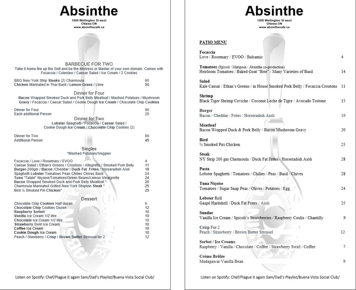 AbsintheCafe's tweet photo. Takeout and Patio Menus for this weekend, reserve online for a table on 1 of our patios or order online for takeout.
#yowchow #ottawarestaurants #613eats #wellingtonwest #613 #613patios #ottawapatios #613food #pantherman #ottawatourism
Thank You
Be Well
Pat G https://t.co/svy07xOwNG