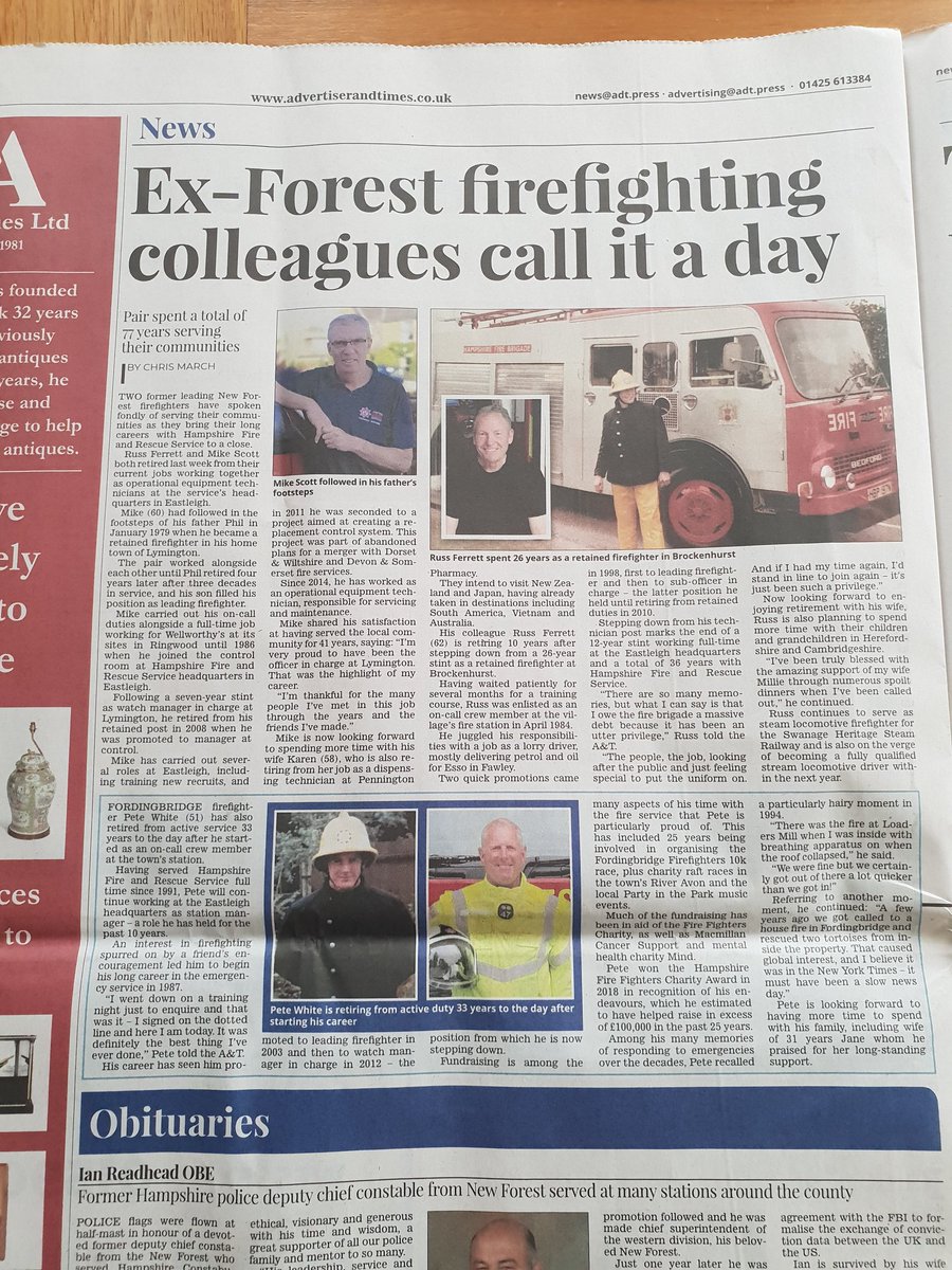 lesbin67's tweet photo. Lovely write up in the local paper this week, nice tribute to the dedication of these three fire service stalwarts.  Proud to have served with them all. Enjoy your retirement lads. #hfrs #NewForest https://t.co/SEIAxrLFB4