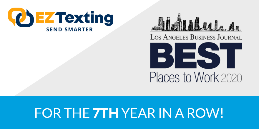 EZTexting's tweet photo. EZ Texting has been nominated by @LABJevents as one of the #BestPlacestoWork for 2020 for the 7th consecutive year. We are honored to cultivate a workplace for employees to grow and thrive. Cheers to an incredible team!  

#LABJBestPlacestoWork #companyculture #workplaceculture https://t.co/la4ZAES8JE