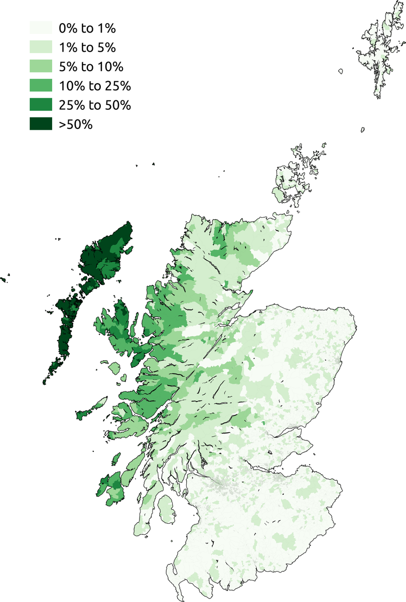 Gaelic as it is today. Note most of the speakers are old. The only place with any substantial young speakers is in the Western Isles. Most of whom go off to the cities for work to never teach the language when they have children themselves.