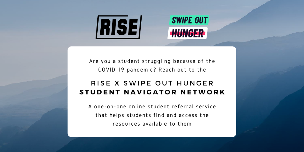 Are you a student struggling because of the pandemic? You're not alone! <a href="/RiseFreeOrg/">Rise</a> and <a href="/SwipeHunger/">Swipe Out Hunger</a>  created a one-on-one referral service to help students find the resources available to them. To access it, visit risefree.org/covid-19-help. RT to help a friend in need!