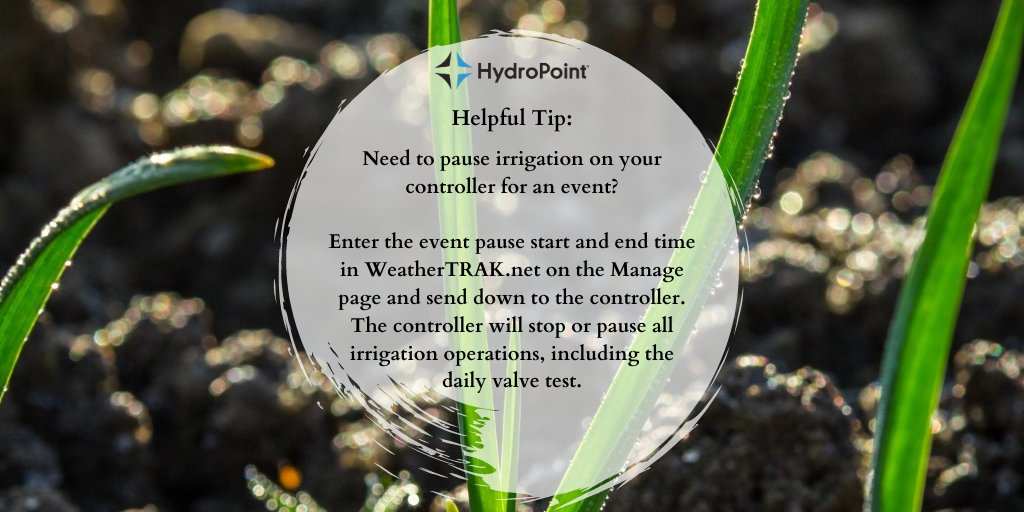 HydroPoint's tweet photo. Need to pause irrigation on your #WeatherTRAK controller for an event?
The WeatherTRAK Event pause feature allows users to pause #irrigation for a user defined period.
Learn more: https://t.co/OmO9axRWeC
#smartwatermanagement #hydropoint #technology #irrigationcontrollers https://t.co/dTgHDemw0w