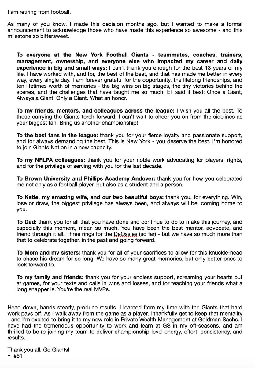 Zak DeOssie (@zdeossie) on Twitter photo Thank you <a href="/Giants/">New York Giants</a>, friends, family, and fans for the privilege of the last 13 years. What a ride! Excited for the next chapter at <a href="/GoldmanSachs/">Goldman Sachs</a>. #onlyagiant Thank you <a href="/Giants/">New York Giants</a>, friends, family, and fans for the privilege of the last 13 years. What a ride! Excited for the next chapter at <a href="/GoldmanSachs/">Goldman Sachs</a>. #onlyagiant