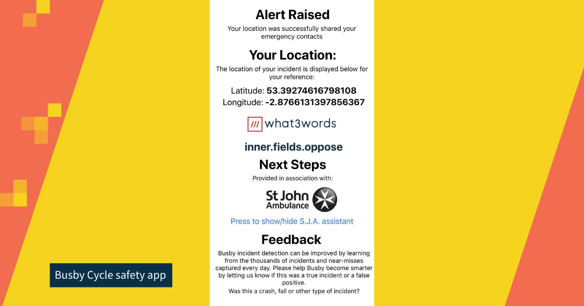 screen shot of what happens when an alert is raised in the busby app, what3words address ///inner.fields.oppose flagged