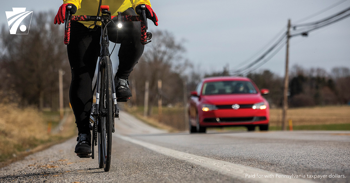 Know the rules of the road! When passing a bicyclist, you must give 4 feet of space. Slow down, and only pass when it's safe and you can clearly see the road ahead. #BicycleSafety #BeSafePA