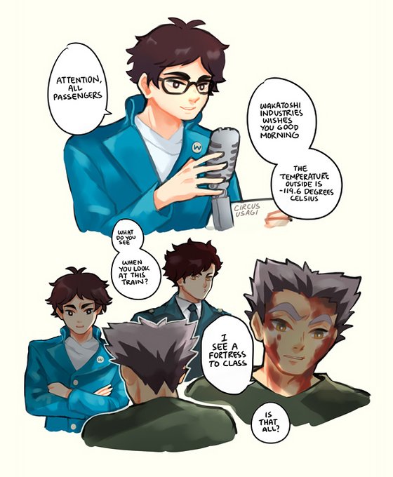 very quick, self-indulgent haikyuu x snowpiercer AU except that bokuaka is endgame and no one loses an arm :'> 