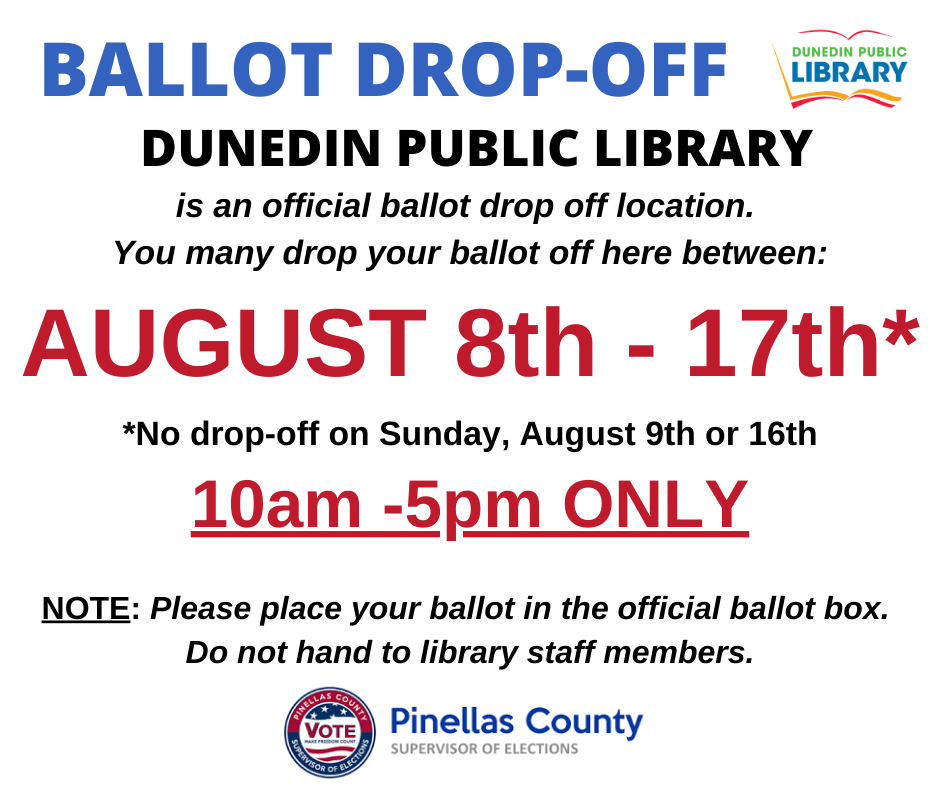 CityofDunedinFl's tweet photo. #DunedinFL Public Library is a ballot drop-off location (223 Douglas Ave.) ๐ฌ August 8 - 17, 2020 from 10am-5pm. โฐ Visit the #PinellasCounty Supervisor of Elections site for more information: ๐ https://t.co/5nk9sX89L1 ๐บ๐ธ
.
#Vote2020 #DunedinFlorida #DropOffLocation https://t.co/xD1YJ6mSn6