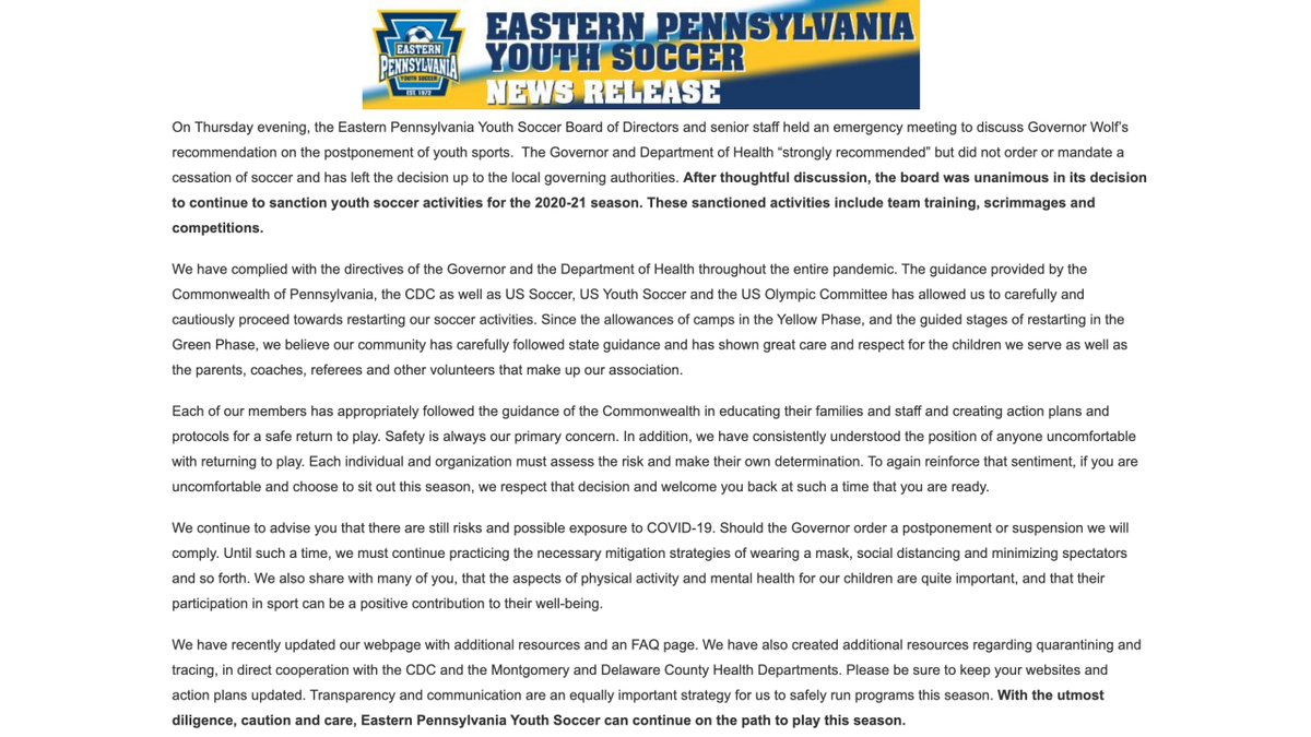 EPAYouthSoccer's tweet photo. 2020-2021 Season Advisory
https://t.co/MNkR02Imqx https://t.co/y5FCclcXuT