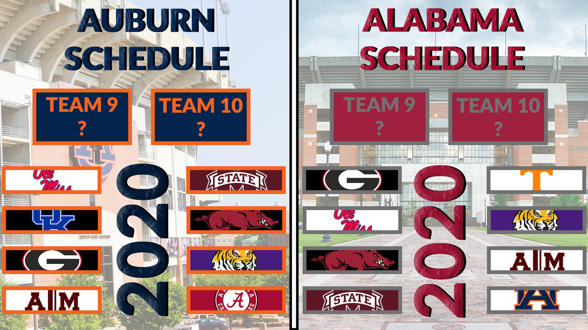JHenryRogers's tweet photo. Who will @AlabamaFTBL and @AuburnFootball draw for games 9 and 10 of their @SEC only schedule? That news expected to come out sometime today. #RollTide #WarEagle #SEC #SECschedule https://t.co/bsY20aoxRQ