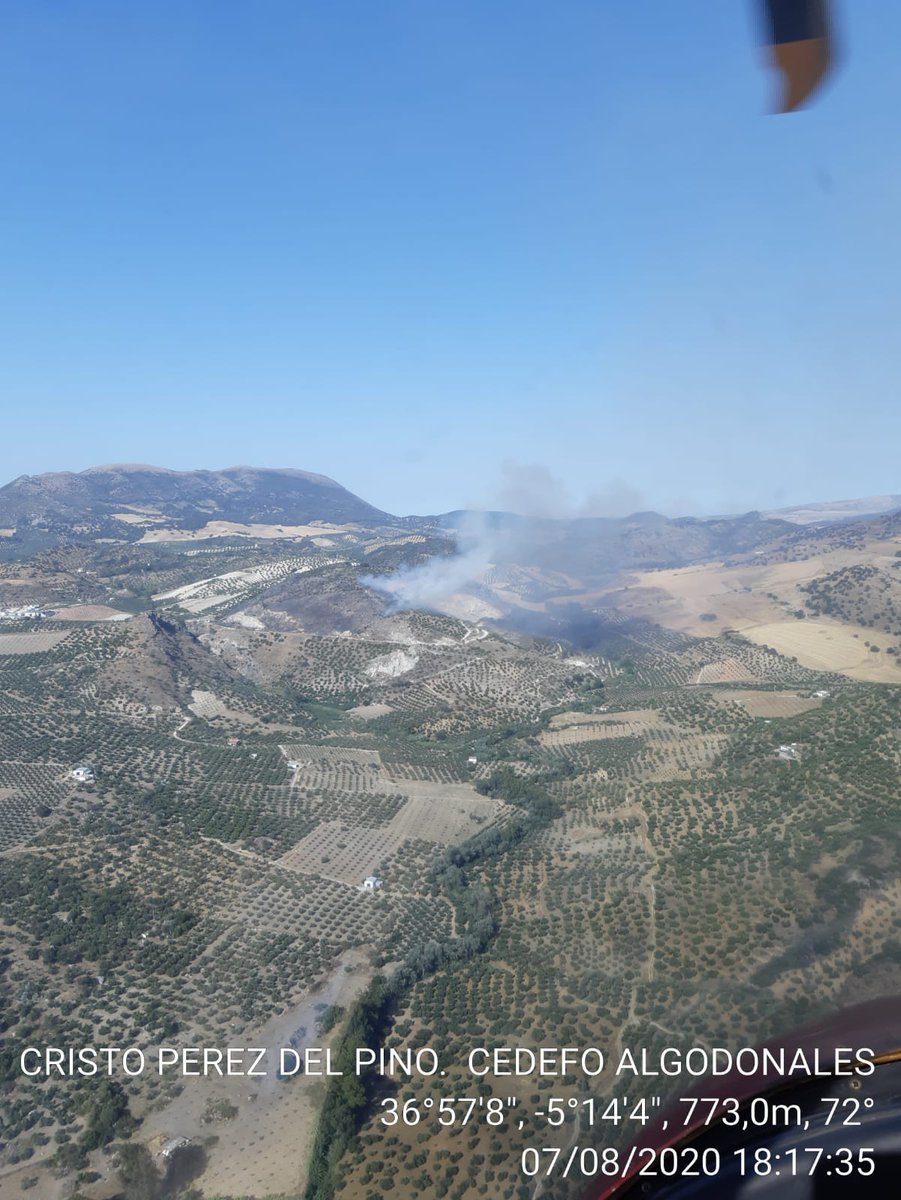 Plan_INFOCA's tweet photo. DECLARADO #IFPruna, #Sevilla, en paraje El Molinillo. Desplegados: 23 #BomberosForestales, 1 #TOP, 1 #AAMM, 1 autobomba y 1 helicóptero de transporte y extinción (el Augusta Koala, LA-2, enviado desde el #CEDEFO de #Algodonales, #Cádiz) https://t.co/Lpl56Zf9pQ