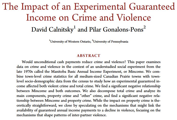 New analysis by  @DavidCalnitsky +  @pilargonalons of Canada's Mincome experiment in the 1970s backs up  @AOC's recent assertion that reducing poverty would reduce crime, because that's exactly what happened in Dauphin, Manitoba.Overall crime dropped 15%.  https://sci-hub.tw/https://academic.oup.com/socpro/advance-article-abstract/doi/10.1093/socpro/spaa001/5809598?redirectedFrom=fulltext