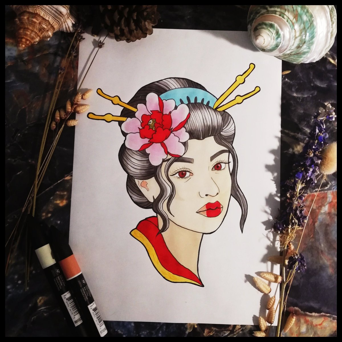 Happy fridaaaay! One of my first lady heads, used promarkers for this one. Feedback always appreciated! #geisha #neojapanese #neotraditional #japaneseart #friday #art #artist #uktattoo #tattoo #tattoos #Illustrator #fundthearts #tattooartwork #tattooart #tattoo