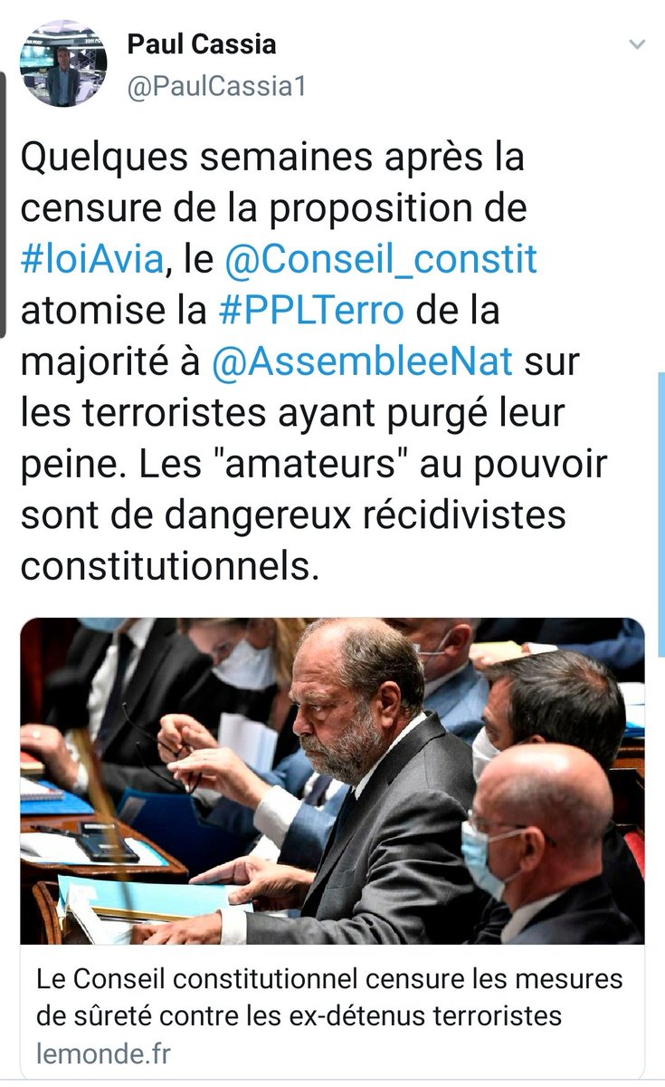 MiAldon's tweet photo. Une claque pour la majorité #LAREM et pour le ministre de la justice, Eric Dupond-Moretti. 
Quelques semaines après la censure de la proposition de loi Avia, le Conseil constitutionnel pulvérise la #PPLTerro des @LaREM_AN sur les terroristes ayant purgé leur peine. https://t.co/MAUF4hgs3H