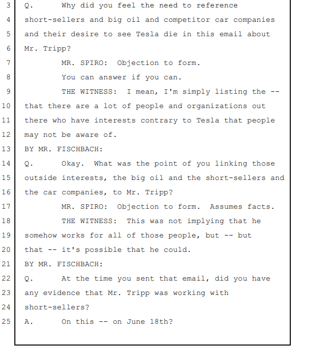 Where Musk repeats his lie under-oath that he believes  @WallStCynic was working with Linette Lopez on the Tripp article