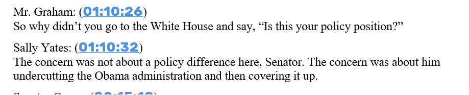 19/ there are many issues with Yates' testimony but it's important to listen carefully to her position, which can be missed if one has too many preconceptions. Graham tried to pin her down as only a policy dispute, but Yates is clear to link to Flynn supposedly misleading Pence.