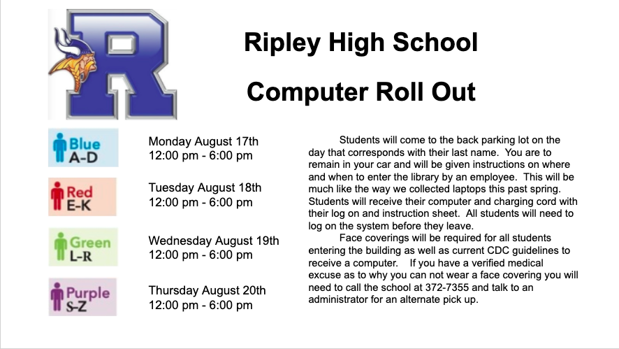 RipleyHSWV's tweet photo. Starting August 17th students will be able to pick up laptops. https://t.co/n339bvVgmJ