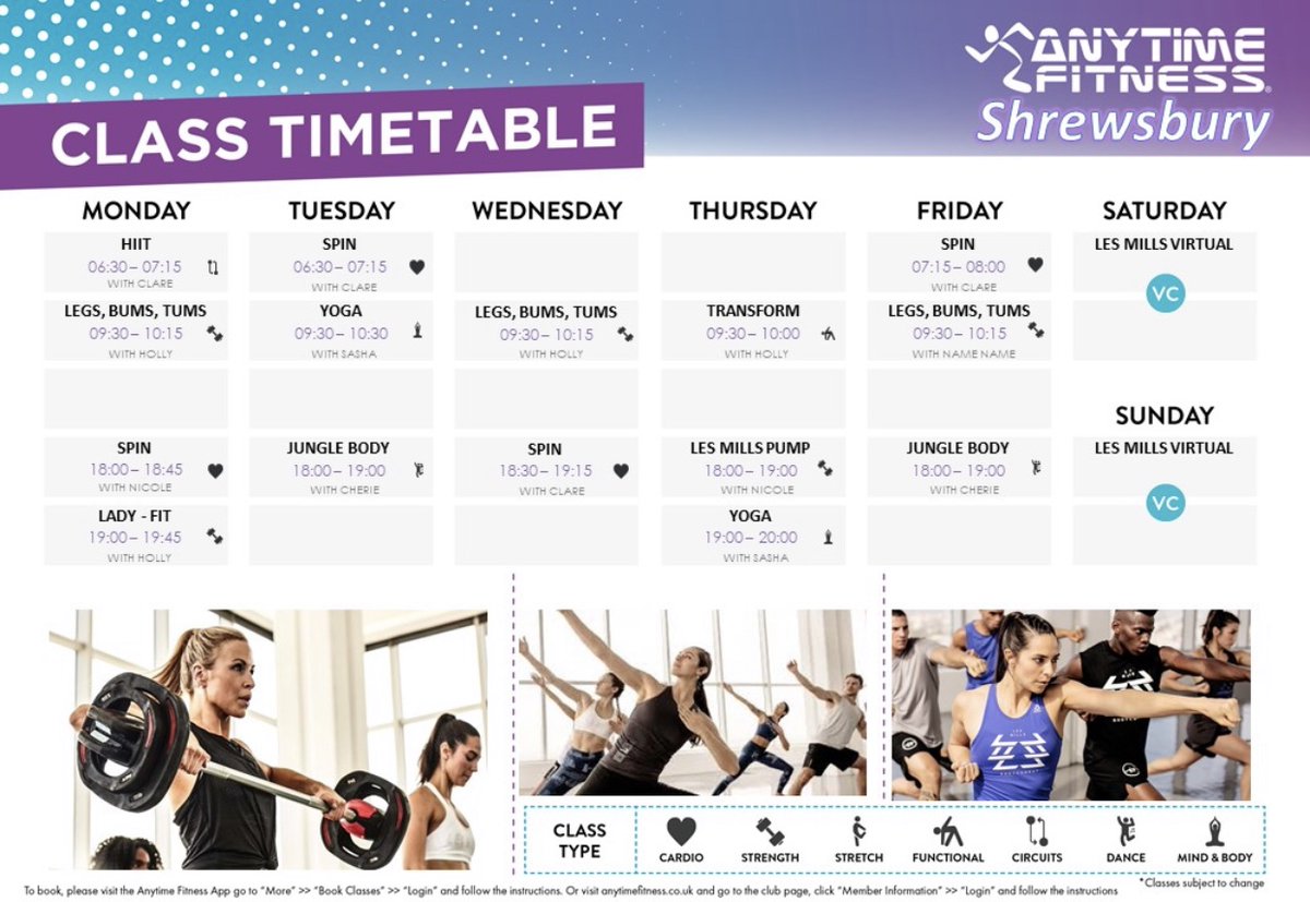 Classes are back!!💜
We will be running a reduced timetable from Monday 10th August, booking is available via the Anytime Fitness app or call us on 01743 562500.
🏋🏻‍♂️🧘🏼‍♀️🚴🏼🤸🏼‍♀️
