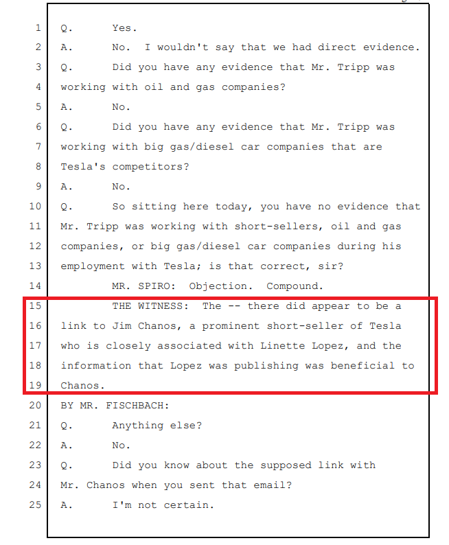 Where Musk repeats his lie under-oath that he believes  @WallStCynic was working with Linette Lopez on the Tripp article