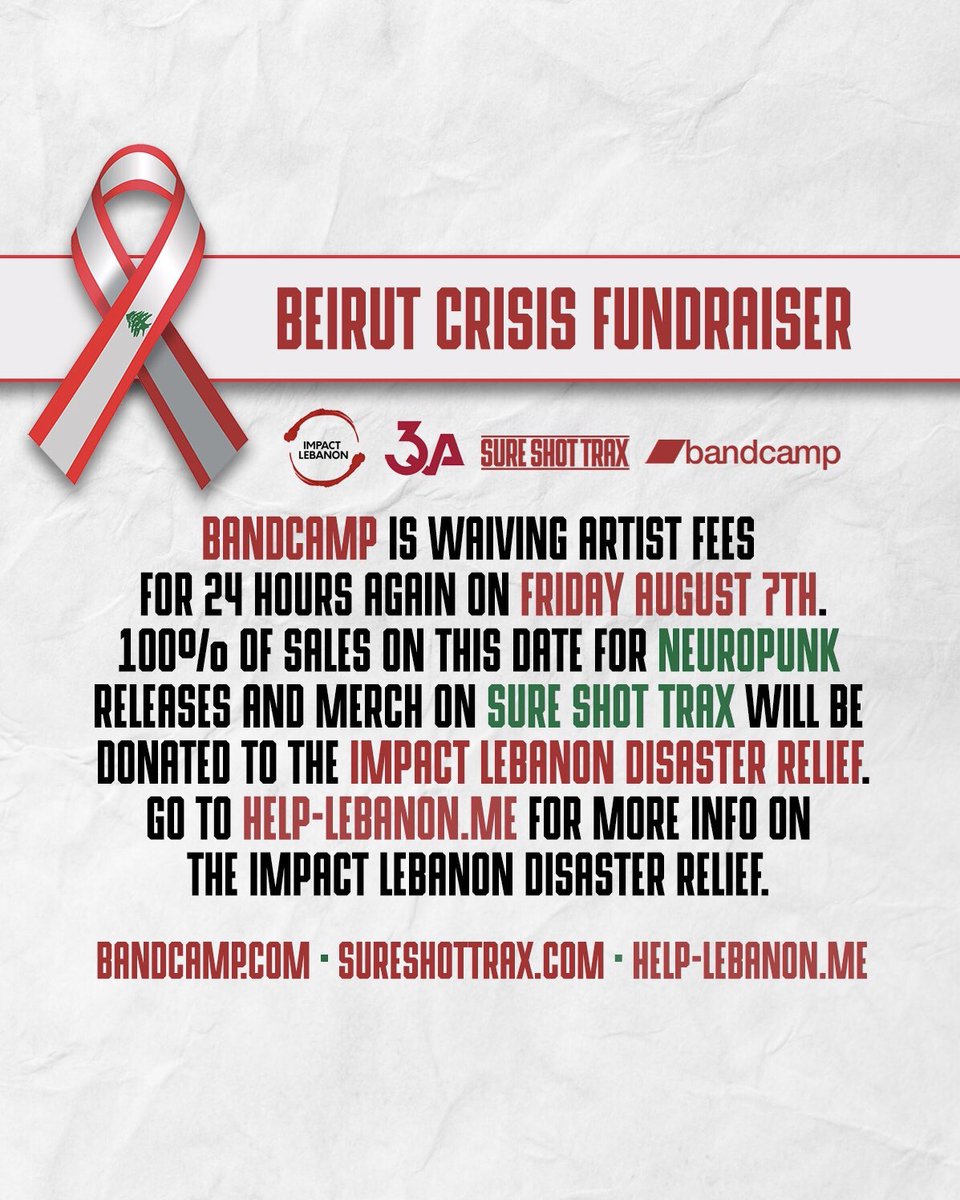 Happy Bandcamp Friday!! BC is waiving artist fees againfor 24 hours. I’ll be donating 100% of my <a href="/sureshottrax/">Sure Shot Trax</a> releases/merch sales today to the <a href="/ImpactLebanon/">Impact Lebanon</a> Disaster Relief at help-lebanon.me. Head to the Sure Shot Trax shop at sureshottrax.com #BandcampFriday