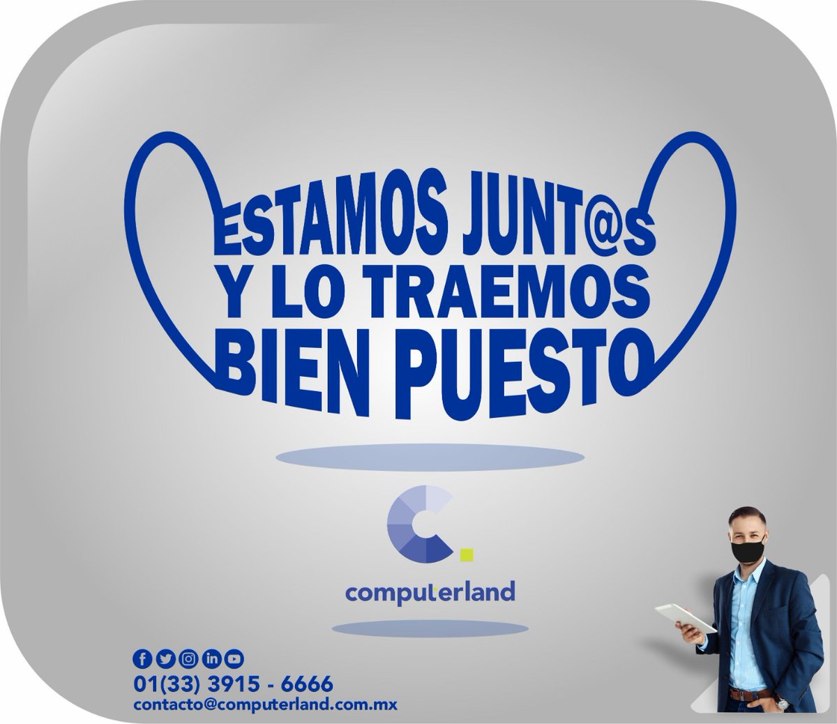 CLANDoccidente's tweet photo. En Computerland ¡estamos junt@s y lo traemos bien puesto! 😀 contáctanos en 🌐https://t.co/F8QhTqlFvx 📲(33) 39156666 o 📧 contacto@computerland.com.mx ya que junt@s somos más fuertes en esta contingencia y tod@s nos debemos de apoyar 💙 https://t.co/LkSgAxINuk
