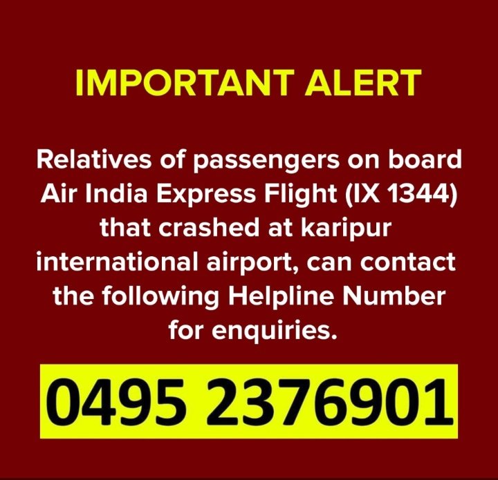 ShyamSaberTooth's tweet photo. IX 1344 Air India Express.

Please share this as much possible.

Plane Crash : Karipur Airport - IX 1344

Dubai-Kozhikode flight skidded off the runway.

#AirIndiaExpress #airindia #planecrash #karipurplanecrash https://t.co/6tctqCUxHA