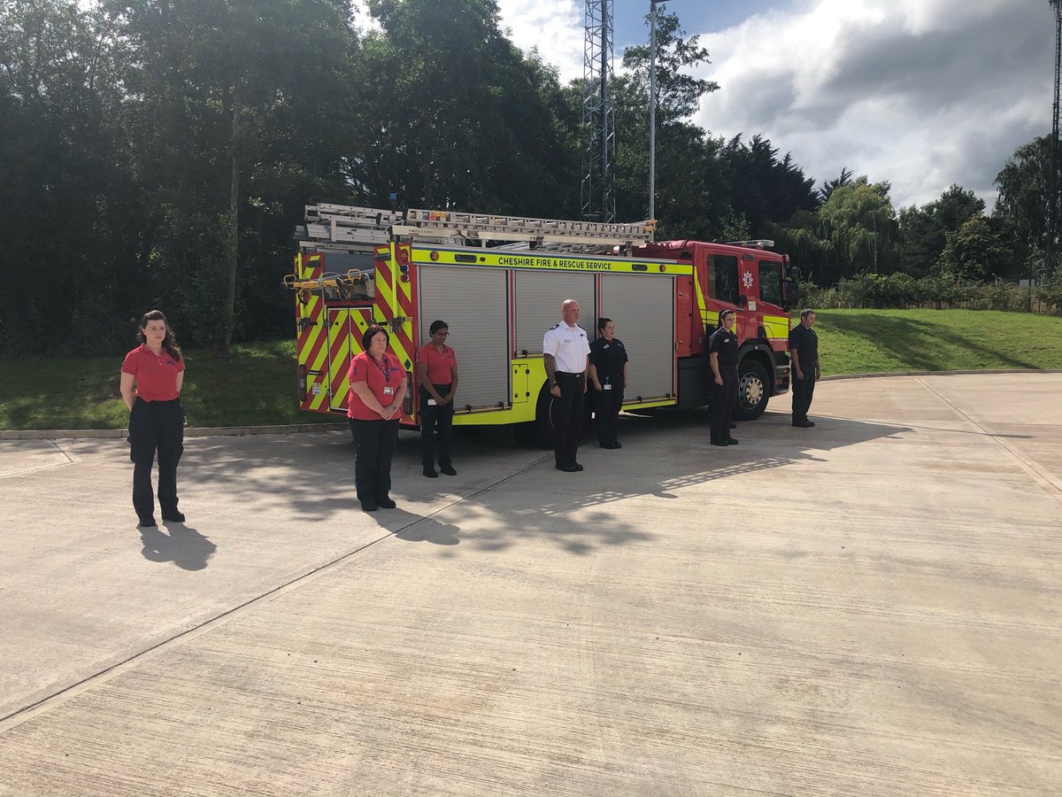 LymmFS's tweet photo. Today at 3pm fire fighters at lymm fire station and staff from safety central held a one minute silence to commemorate firefighters and others who tragically lost their lives in the Beirut explosion. #wewillremember #firefamily #Beirut #firefighters https://t.co/TiFEilYvIv
