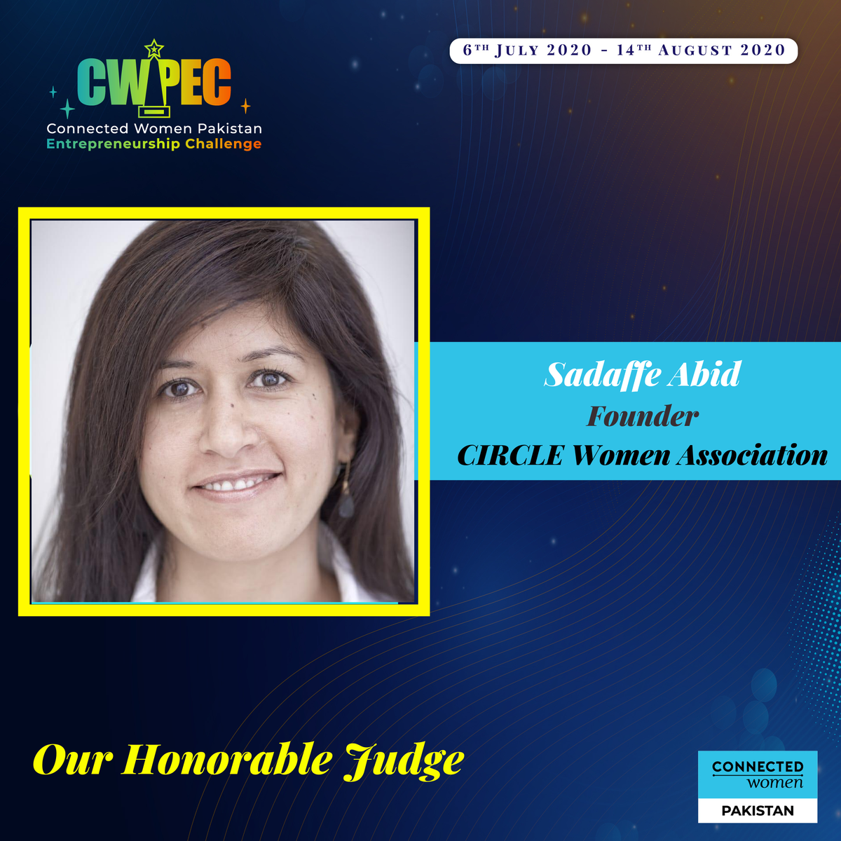 pakistan_women's tweet photo. Introducing our Honorable Judge- @SadaffeAbid ! ✨❤️
She is the founder of @CIRCLE2020 CIRCLE, a leading social enterprise that aims to build and develop the entrepreneurial and leadership capacity of women in Pakistan.

#CWPK #CWPEC #womencando https://t.co/7Rp56Y11Ww
