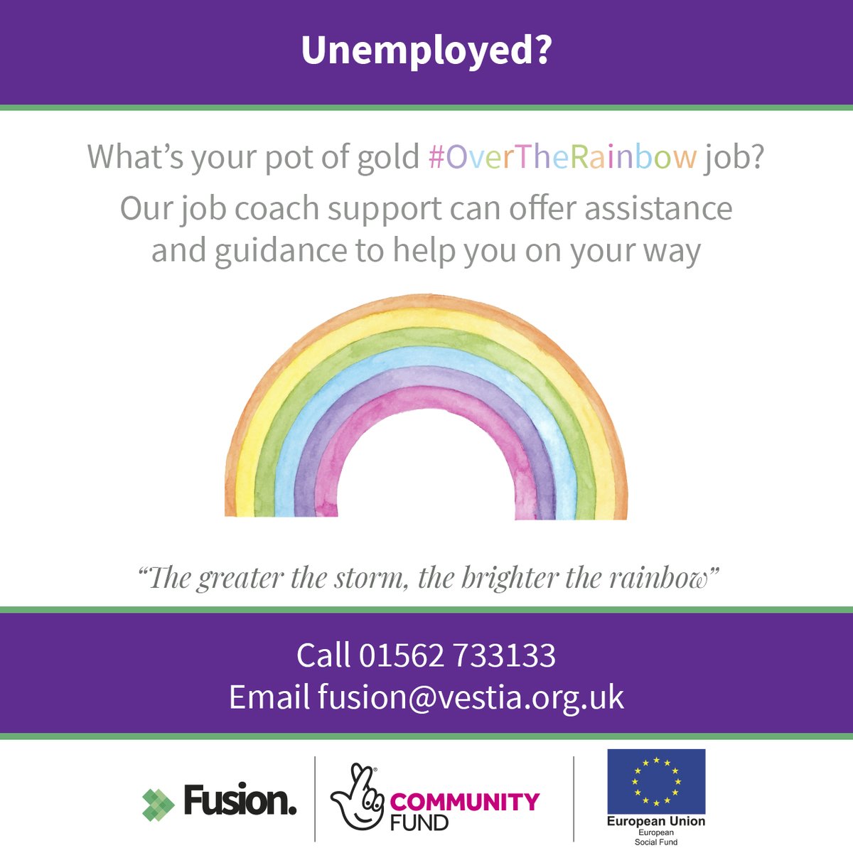 With more and more places now open, thinking about your over the rainbow job might not be quite so far away now. We offer fully funded support for those who are #unemployed and live in #Worcestershire. Call 01562 733133 or email fusion@vestia.org.uk
<a href="/TNLComFund/">The National Lottery Community Fund</a> #tnlcomfundesf