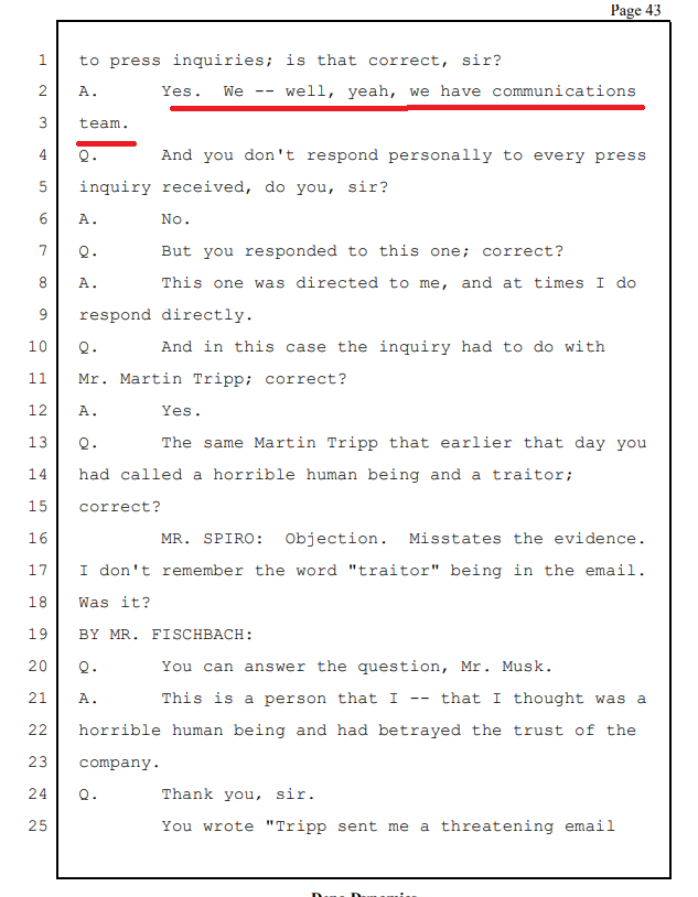 Where Musk admits to emailing the Guardian telling them that he had received word that Tripp was coming back to the Gigafactory to shoot the place up.