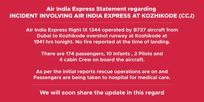 ANI's tweet photo. Air India Express has issued the following statement regarding the incident involving Air India Express at Kozhikode, Kerala. https://t.co/Bvqg5dvaXr