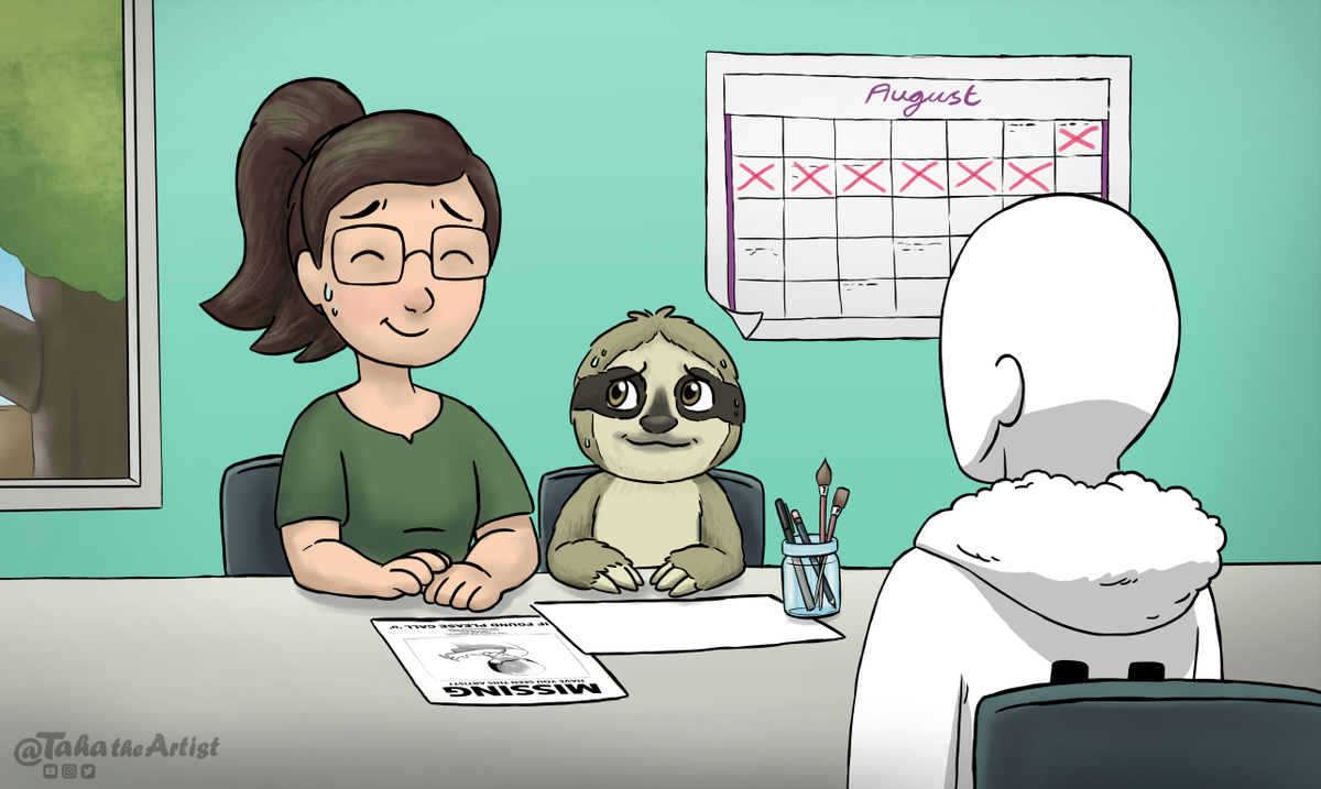 TahaTheArtist's tweet photo. u's log: Day 464 of Search: I met a sloth and their artist who definitely responded strangely to my question about Taha's whereabouts. It is a good thing sweat is easy to spot in this art style. 

#FindTaha #WheresT #SearchForTheArtist  #SlothLady #Art https://t.co/40WXDtIsGB