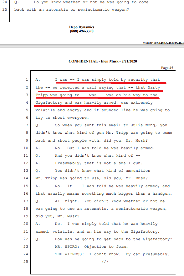 Where Musk states that he was told by security of the call that came into a Tesla call center (he didn't know which) alleging Tripp was coming to the Gigafactory to shoot the place up.