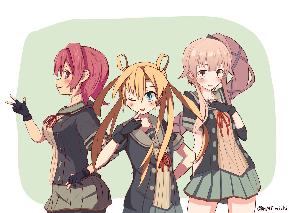 abukuma (kancolle) ,kinu (kancolle) ,yura (kancolle) multiple girls 3girls long hair gloves blonde hair pink hair skirt  illustration images