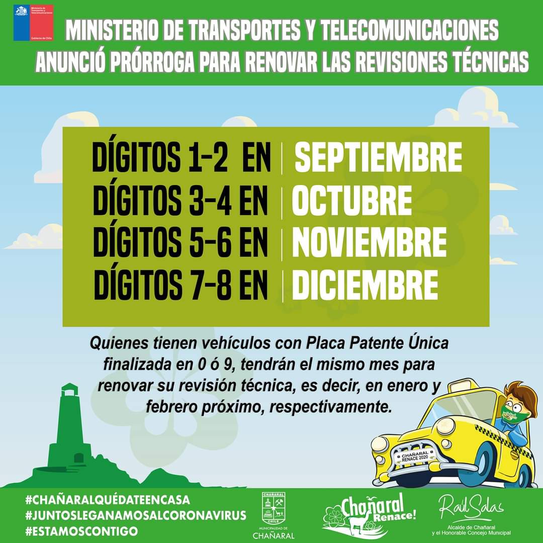 Información sobre la prórroga para la renovación de revisiones técnicas.
<a href="/RAUL_SALAS_A/">Raúl Salas</a> #ChañaralRenace #EnChañaralCuidamosNuestraGente #QuedateEnCasa #Atacama