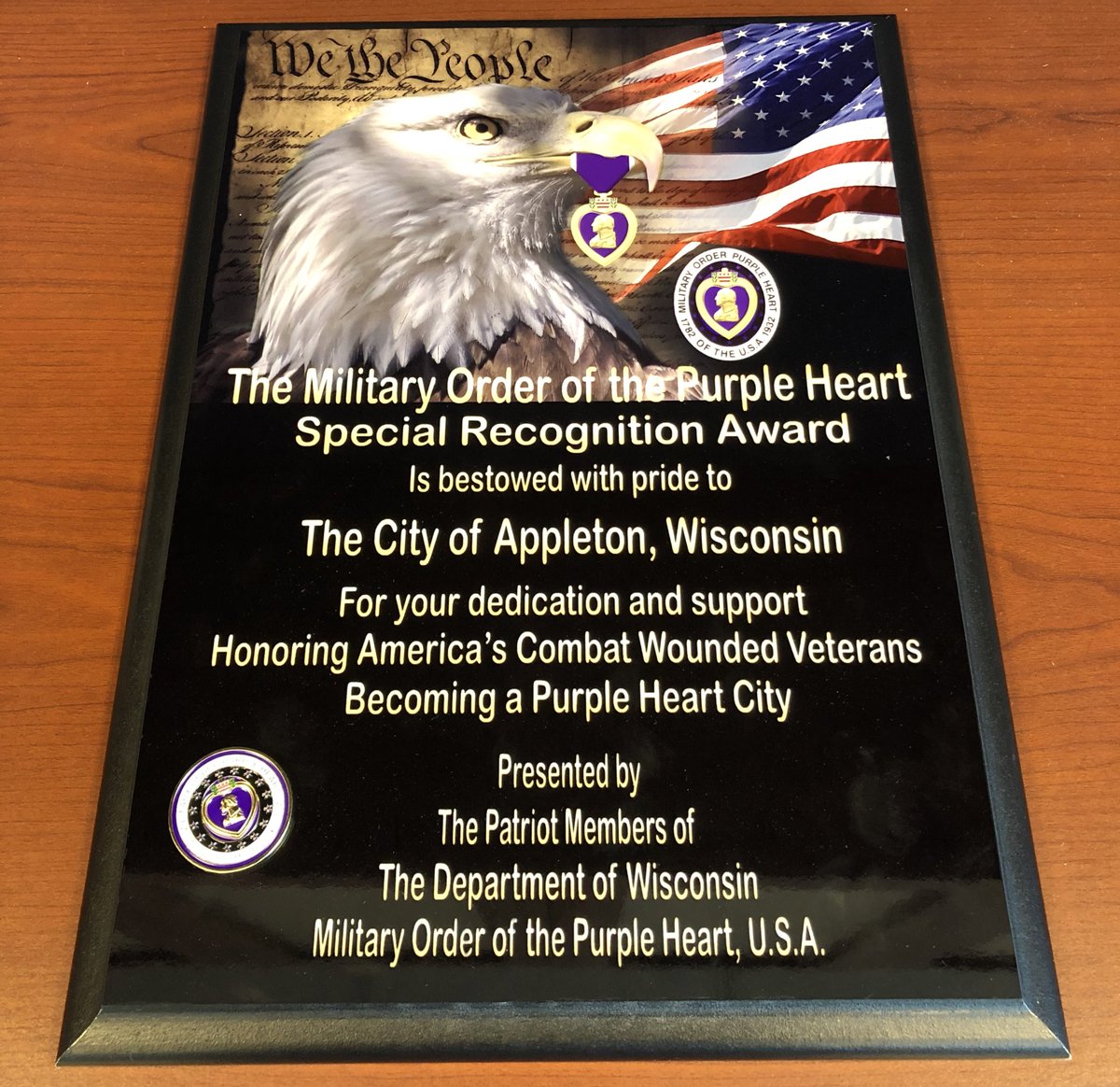 Proud to proclaim #Appleton a Purple Heart City today on #PurpleHeartDay 2020! Special thanks to the WI Military Order of the Purple Heart for joining us at the event and for your service.