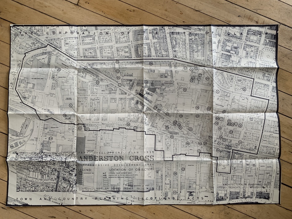 This plan shows the Anderston CDA area prior to its re-development, interestingly its also overmarked with the locations of the various objectors to the proposals. It also shows what was lost to the motorway, inc the Glasgow Gaiety Theatre, Anderston UP Church & North St Cemetery