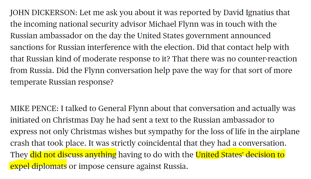 23/ it's too bad that Graham didn't press Yates on chronology. anyway on Jan 15, Pence told CBS not just that Flynn hadnt talked about sanctions, but also not about expulsions. First was true, 2nd wasnt.   https://www.cbsnews.com/news/michael-flynn-timeline-contacts-with-russia-ouster-guilty-plea/