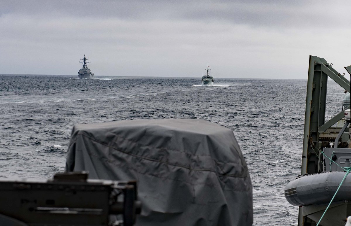 CavasShips's tweet photo. #Canadian formation joined by US #Navy's #destroyer THOMAS #HUDNER DDG116 is northbound for this year's Operation #Nanook arctic exercises. Supply ship #ASTERIX seen 5 Aug from #frigate VILLE DE QUEBEC 332 with GLACE BAY 701 astern https://t.co/r7251TBlLc