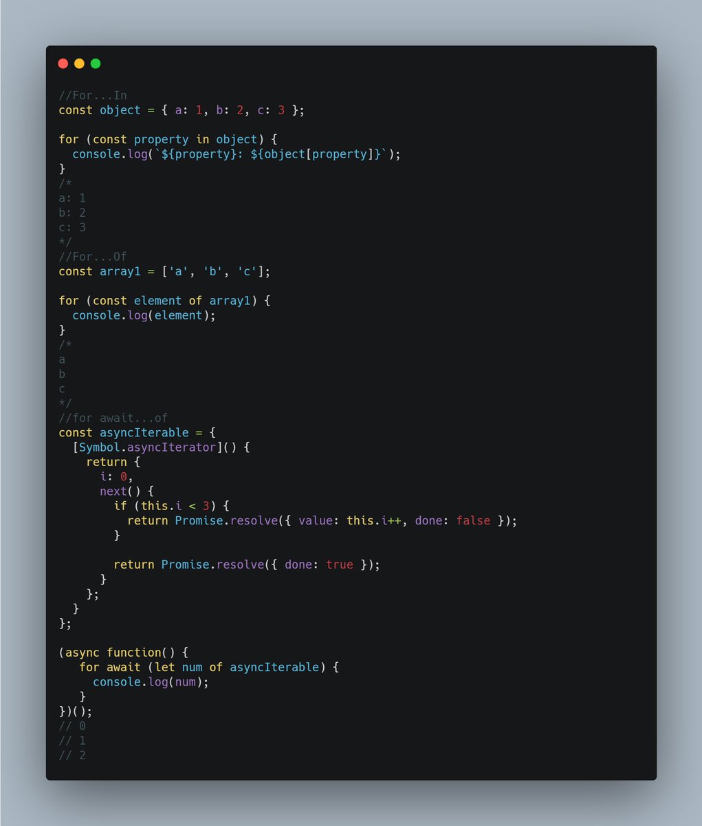 frontend_fox's tweet image. Day 98 of the #100DaysOfCode challenge.
So here is the basic implementation of For...In, For...Of & for await...of in javascript.
#javascript #reactjs #FrontEnd #womenintech #WomenWhoCode