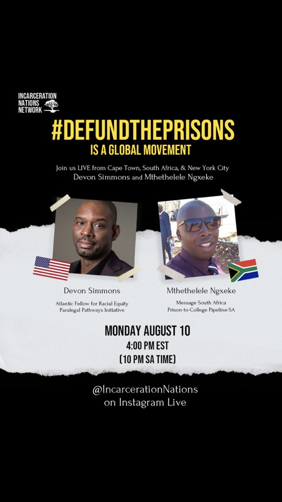 INationsNetwork's tweet photo. You all don’t want to miss out on what’s sure to be an amazing conversation! Join us live on Monday. From 🇿🇦 to 🇺🇸, with our family and comrades. @MrDevonSimmons 

#defundprisons https://t.co/dkwPytwx4Q