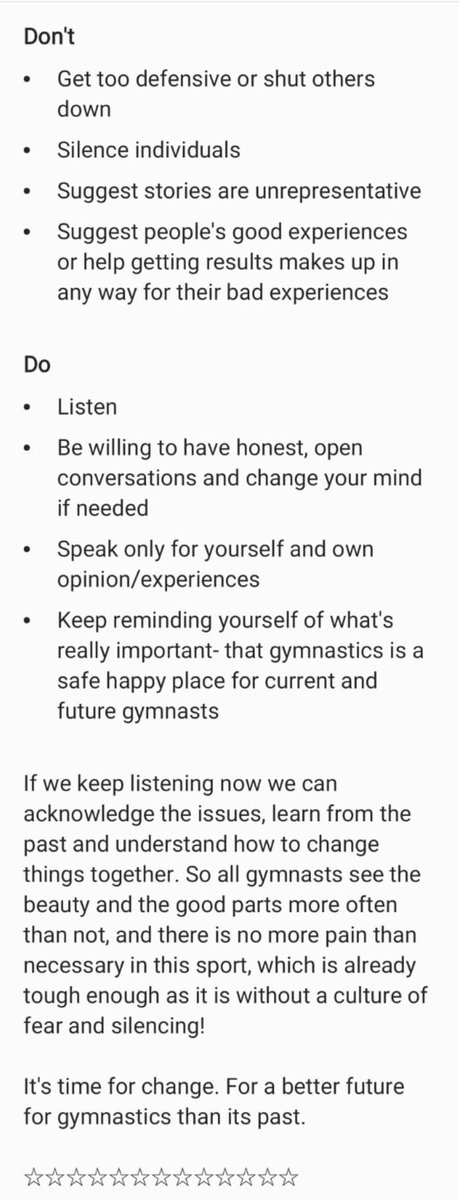 My opinion- things to do/not do.Do listen, talk, keep an open mind, learn &remind yourself what's important @ the end of the day.Together we'll change gymnastics for the better, so there's no more pain than necessary! And all gymnasts can keep the love alive   #gymnastalliance