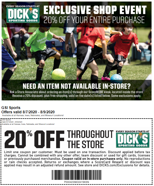 Click the link below to access the 20% off <a href="/DICKS/">DICK'S Sporting Goods</a> coupon good THIS WEEKEND ONLY in store 8/7-8/9!
➡️ bit.ly/2XAt71l

P.S. it goes along with Tax-Free weekend in Missouri!