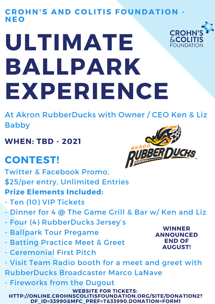 BIG NEWS! The Crohn's and Colitis Foundation of Northeast Ohio has teamed up with the Akron RubberDucks to create an Ultimate Ballpark Experience contest. ⚾🦆 Enter at the following link: bit.ly/3fBfKEr GOOD LUCK!