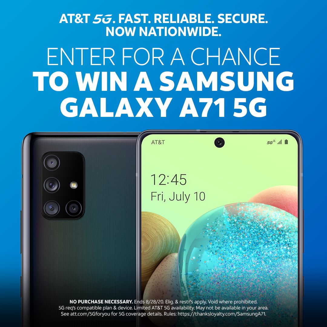 ATTTHANKS's tweet image. We’re giving 5 lucky winners a new Samsung Galaxy A71 5G. Enter for a chance to win. Sweepstakes ends 8/28/20
How to enter:
1️⃣ Follow @ATTTHANKS
2️⃣ Retweet this post
3️⃣ Include #ATTthanks; #Sweepstakes; #SamsungA71, #5G