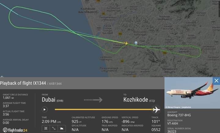 MerajNShaikh's tweet photo. Air India Express Boeing 737-800 (VT-AXH), flight #IX1344 from Dubai, overran the runway at Kozhikode (CCJ), India, breaking apart after falling down an embankment. There were 174 passengers on-board + 6 crew members. The jet landed at 7:41pm LT.
#AirIndia #planecrash https://t.co/eSm3DdQ64E