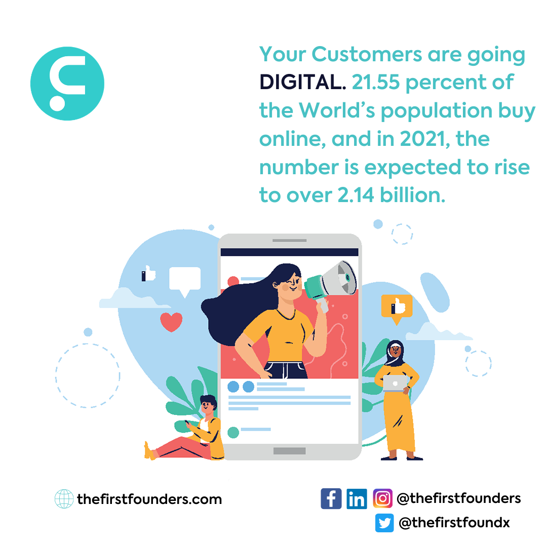 firstfounderscc's tweet photo. Your Customers are going DIGITAL. 21.55 percent of the Worldโs population buy online, and in 2021, the number is expected to rise to over 2.14 billion.
As the weekend brings, It's time to digitize! ๐ฅ
#DigitalTransformation #GrowthHacking #TGIF #FirstFounders #EnterpriseBuilder https://t.co/FuzgT7fFgG