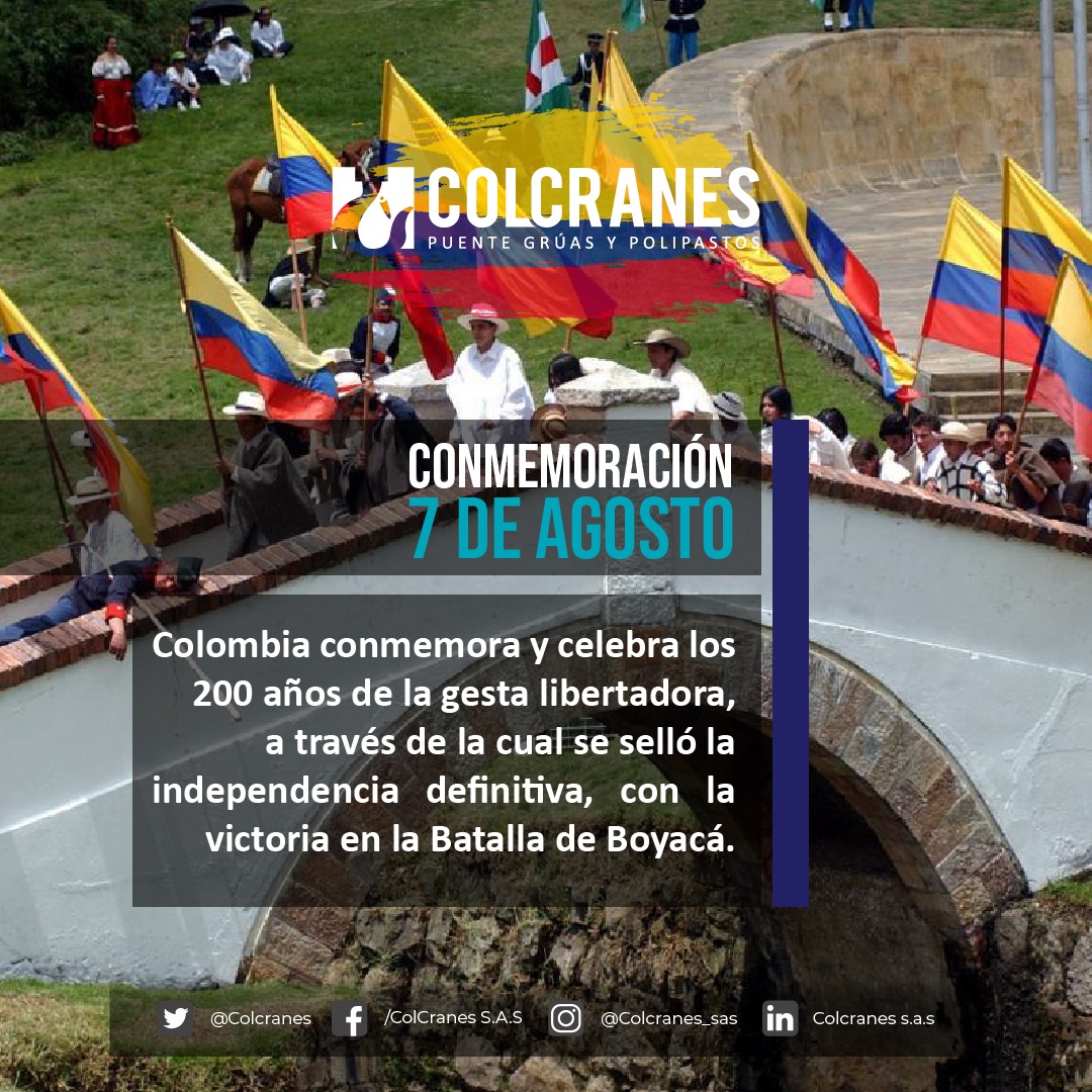 colcranes's tweet photo. Colcranes S.A.S les desea una feliz celebración y conmemoración de 7 de agosto.
#BatallaDeBoyaca #7deagosto #Independencia #Colombia #Libertad #NuevaGranada #Colcranes #PuenteGrua #Carga #Izaje #FamiliaColcranes #TeamColcranes #ColcranesColombia #Polipastos #Crane https://t.co/OqesNEaPSB