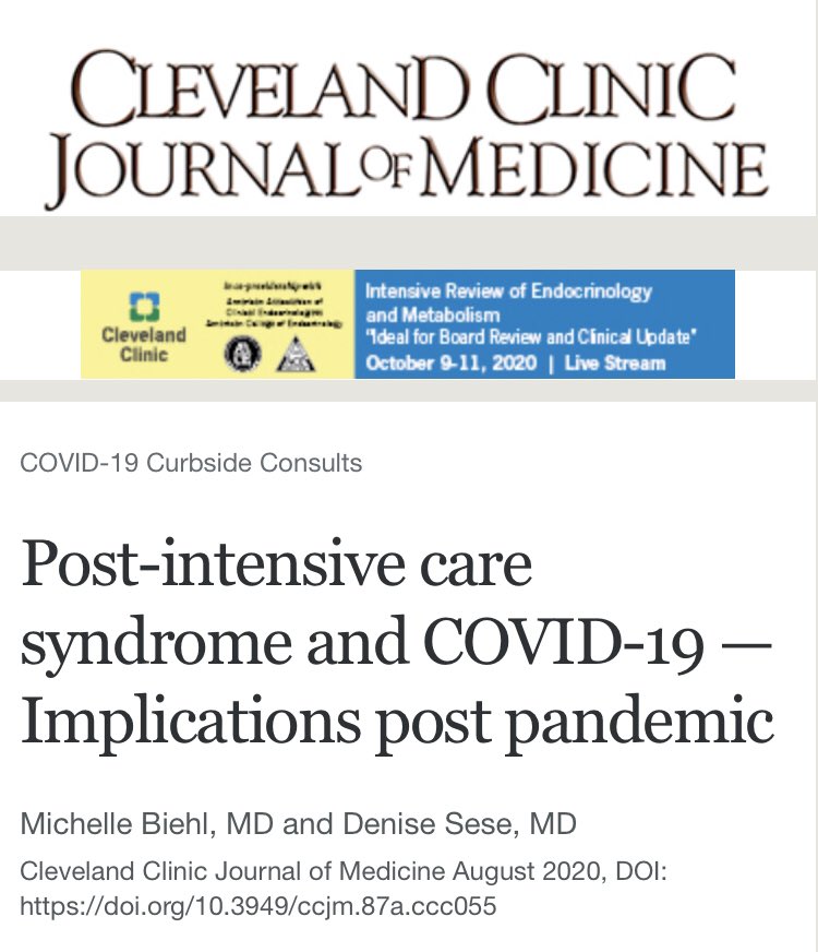 Post ICU care syndrome (PICS) affects thousands of patients every year. The burden of PICS is going to increase exponentially post COVID19. Our staff @Mibiehl and PCCM fellow @sese_denise highlight the implications of this pandemic on PICS. ccjm.org/content/early/… @SCCM #PICS